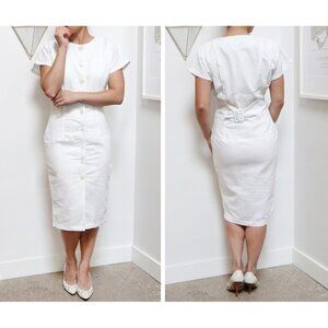 70s Milk White Sundress w/ Lemonade Swirled Buttons, Women's Small Short Sleeve